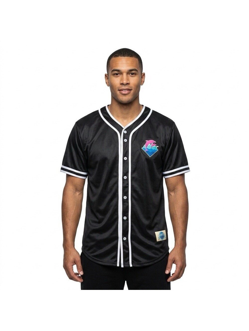 Pink Dolphin Mens Black Baseball Jersey Shirt Sz XL Dolphin Patch VTG 08 Graphic